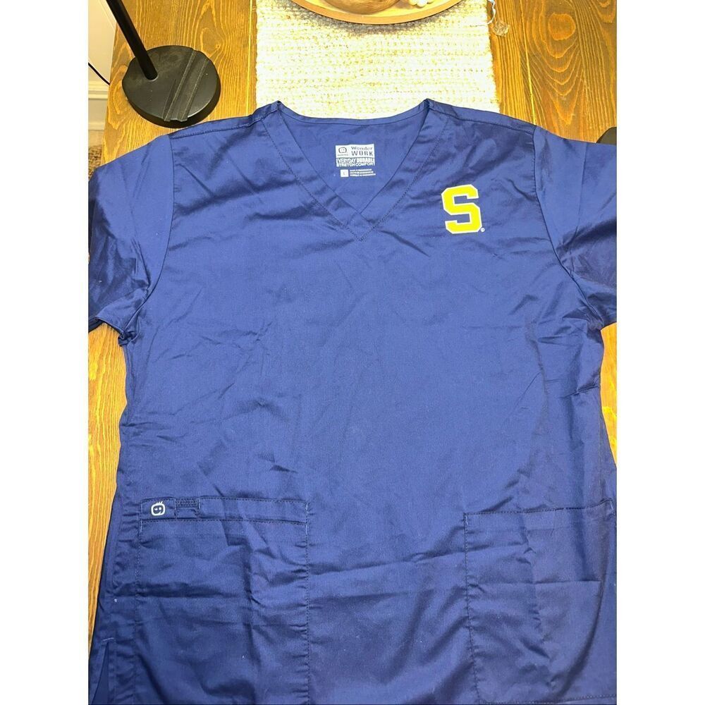 SYRACUSE UNIVERSITY Wonder Work Blue Women's Large Nurse Medical Pattern Scrub T